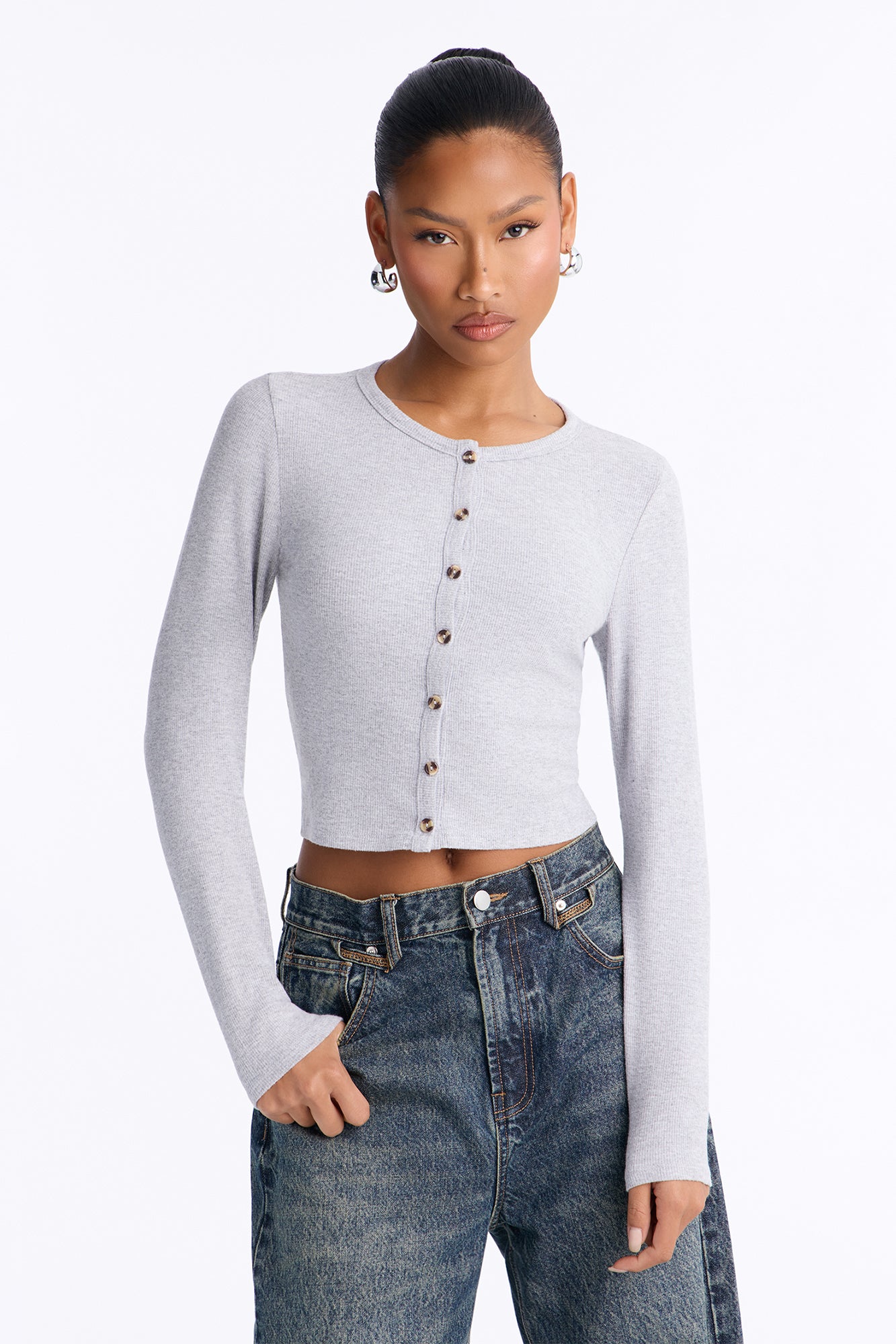 Caroline Ribbed Button Front Long Sleeve Knit Top - Heather Grey