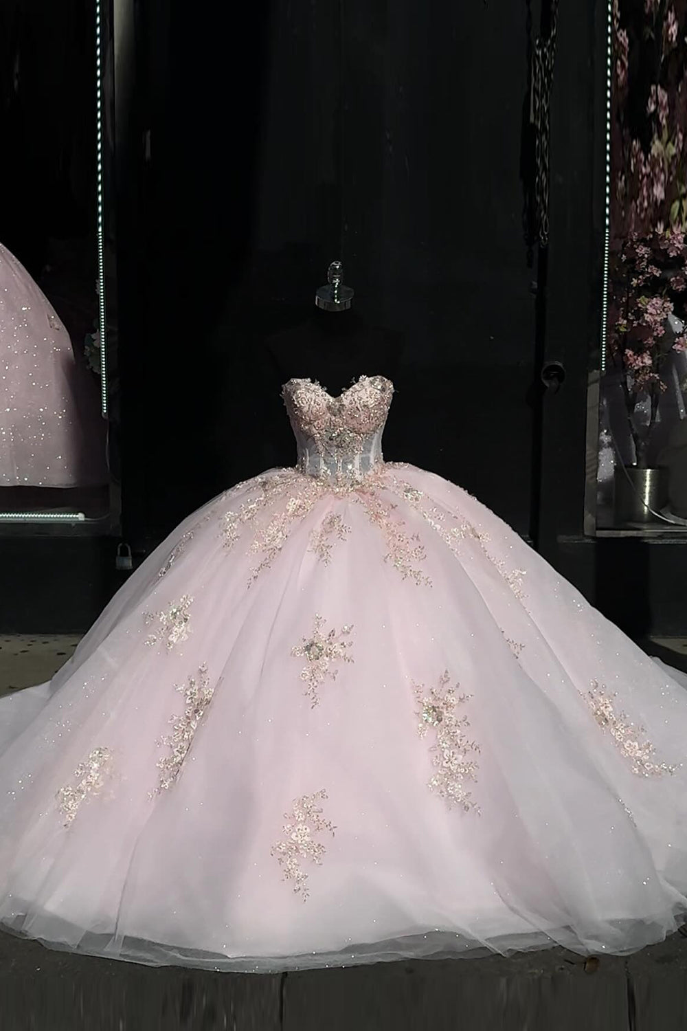 Strapless Light Pink Tulle Quinceanera Dress with Sparkly Appliques