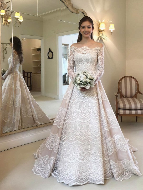 Elegant Bateau Off-The-Shoulder Long Sleeves Lace Ball Gown Wedding Dresses