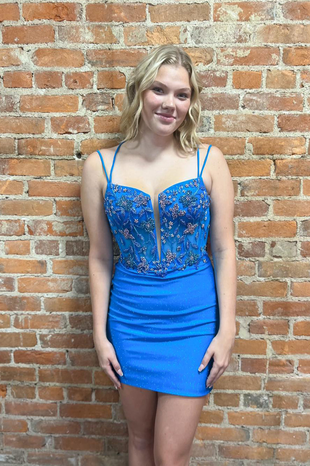 Glitter Blue Spaghetti Straps Corset Tight Short Beaded Homecoming Dress/Mini Dress