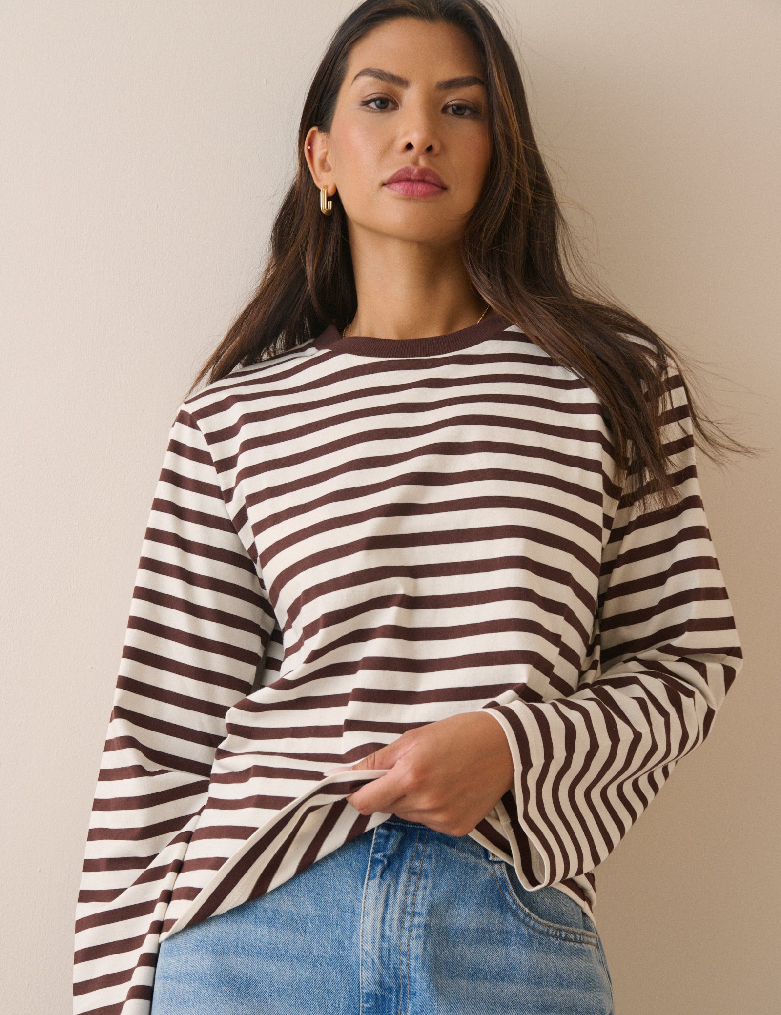 Brown Striped Wide Sleeve Jersey Top