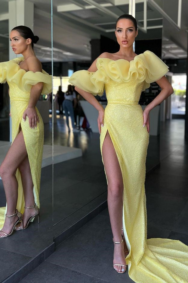 Daffodil Off-The-Shoulder Split Mermaid Evening Dress Sequins