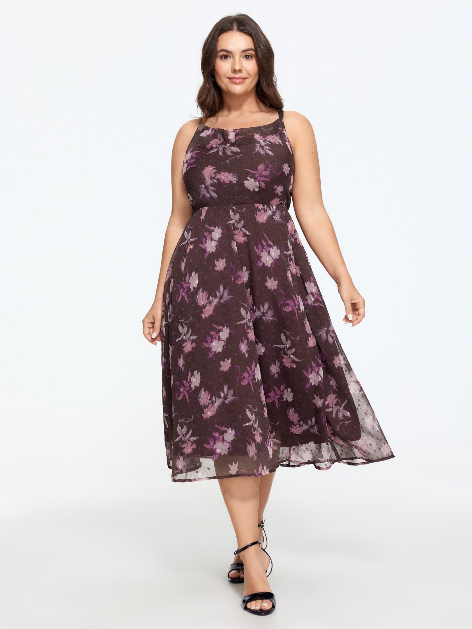 Floral Print Cowl Neck Flowy Midi Dress