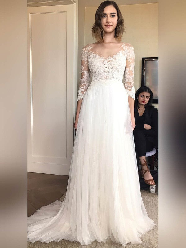 Elegant V-Neck 3/4 Long Sleeves A-Line Appliques Lace Tulle Sweep Train Wedding Dresses
