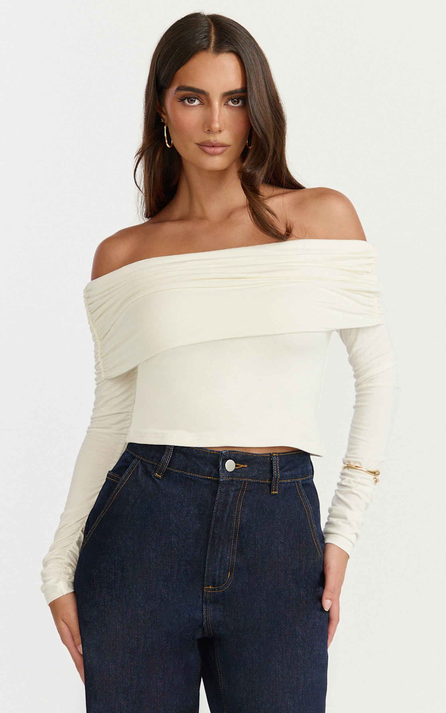 Jolie Top - Off Shoulder Long Sleeve Gathered Top in Cream