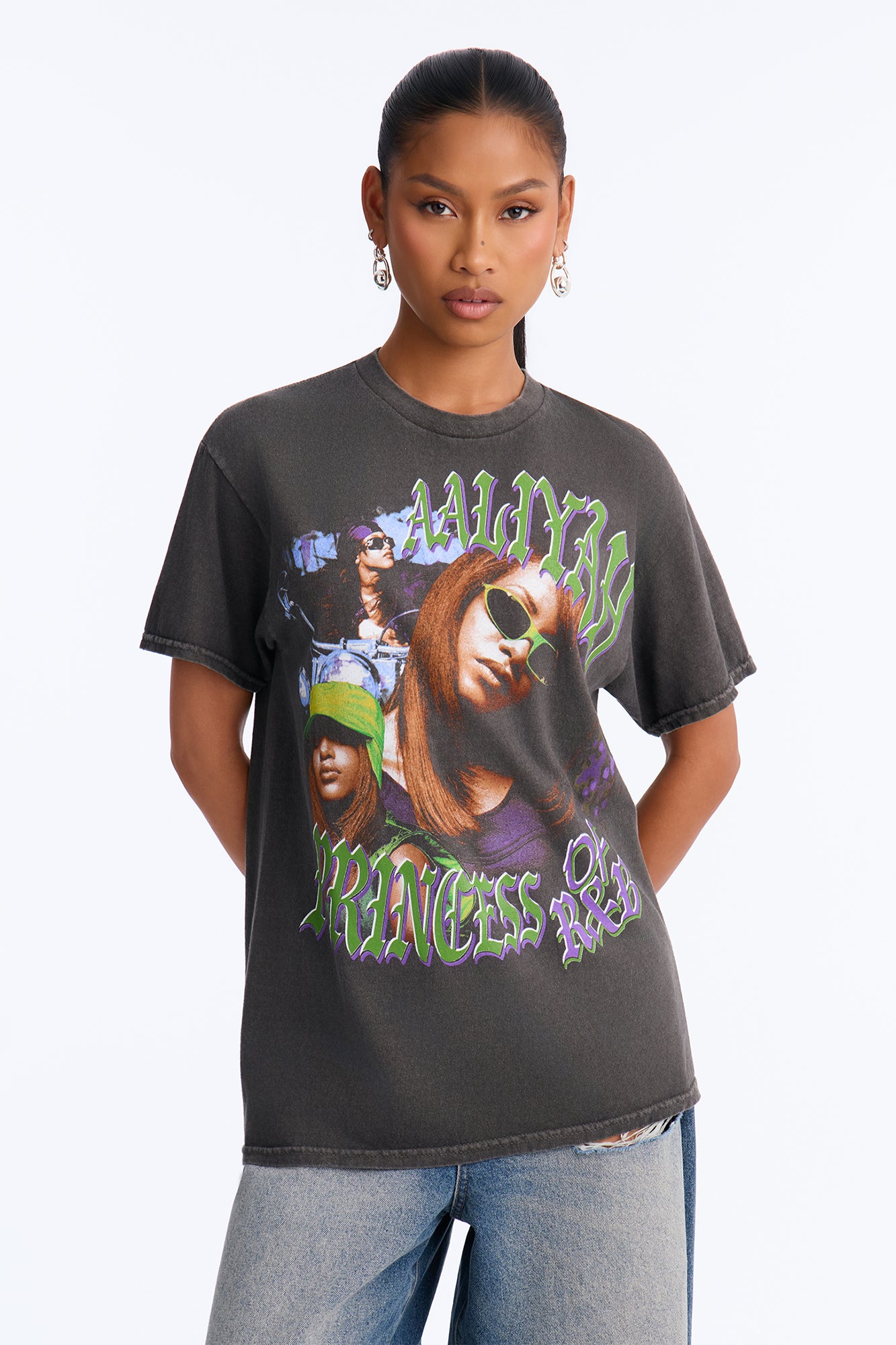 Aaliyah Princess Of RnB Washed Tee - Charcoal
