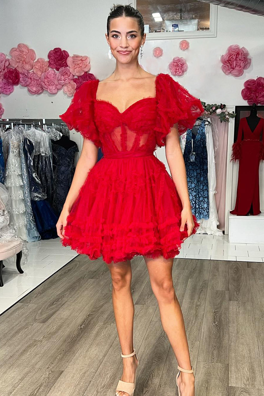 Red Corset A-Line Short Homecoming Dress/Mini Dress with Sleeves