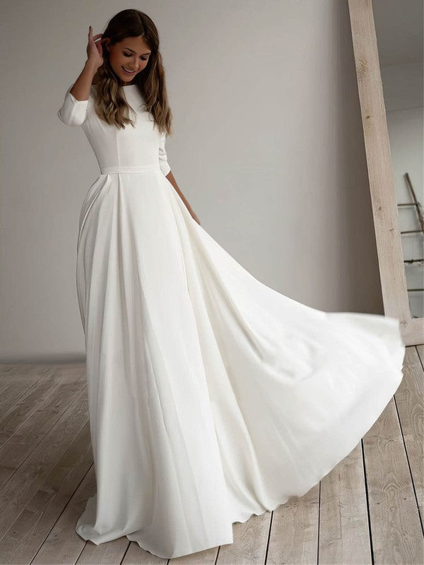 Beautiful A-Line 3/4 Long Sleeves Chiffon Sweep Train Wedding Dresses with Pockets
