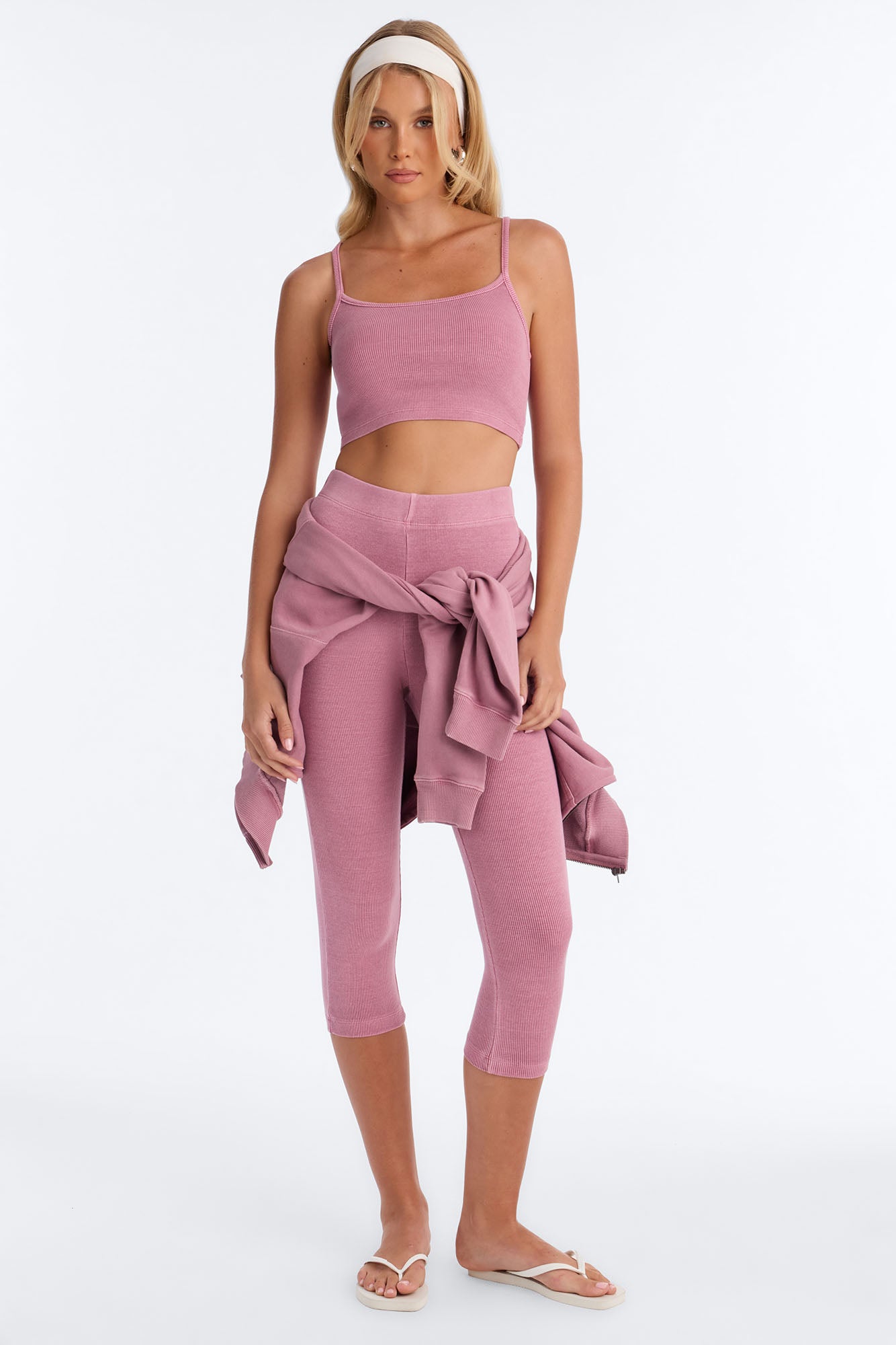 Tony Washed Ribbed Crop Top Capri Set - Washed Mauve