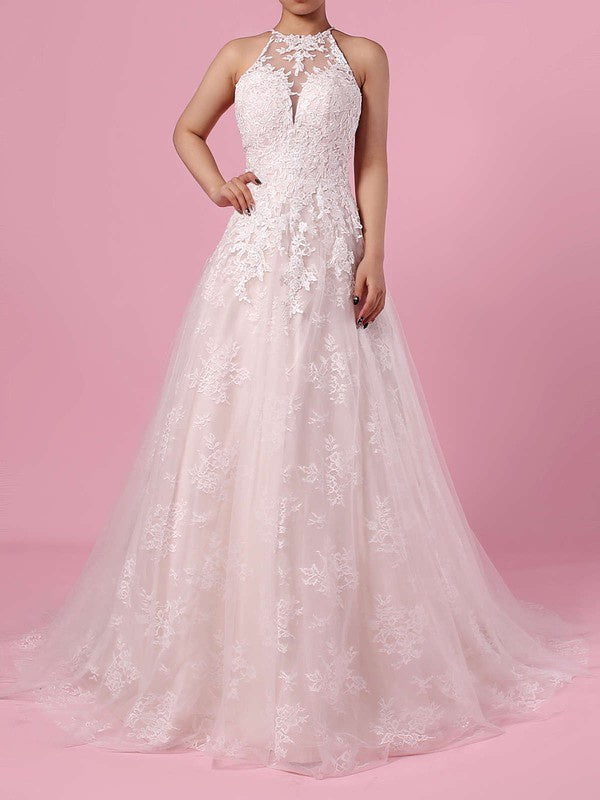 Elegant Ball Gown Sleeveless Tulle Lace Sweep Train Wedding Dresses with Appliques