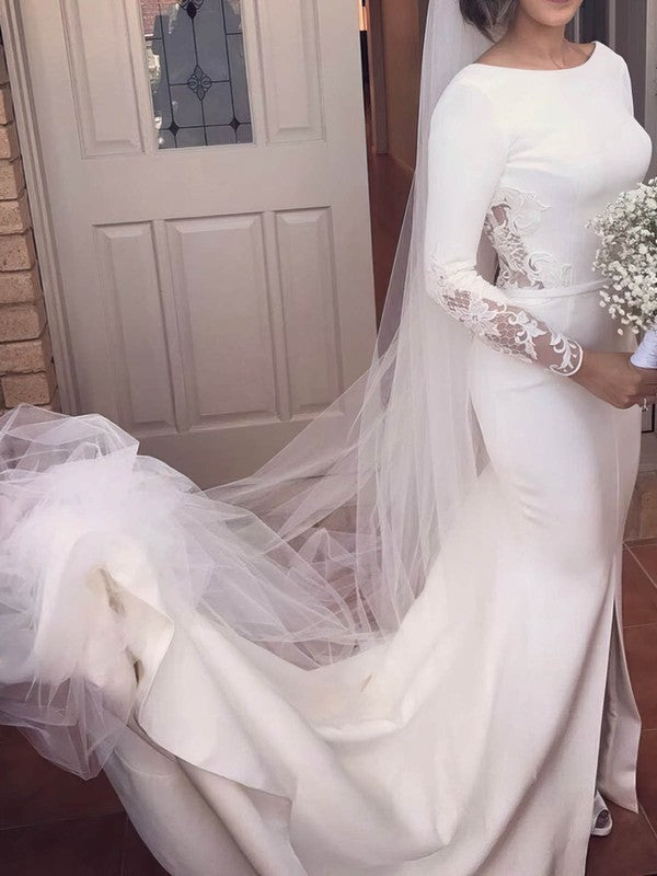 Stunning Trendy Mermaid Split Front Jewel Neck Stretch Satin Wedding Dresses
