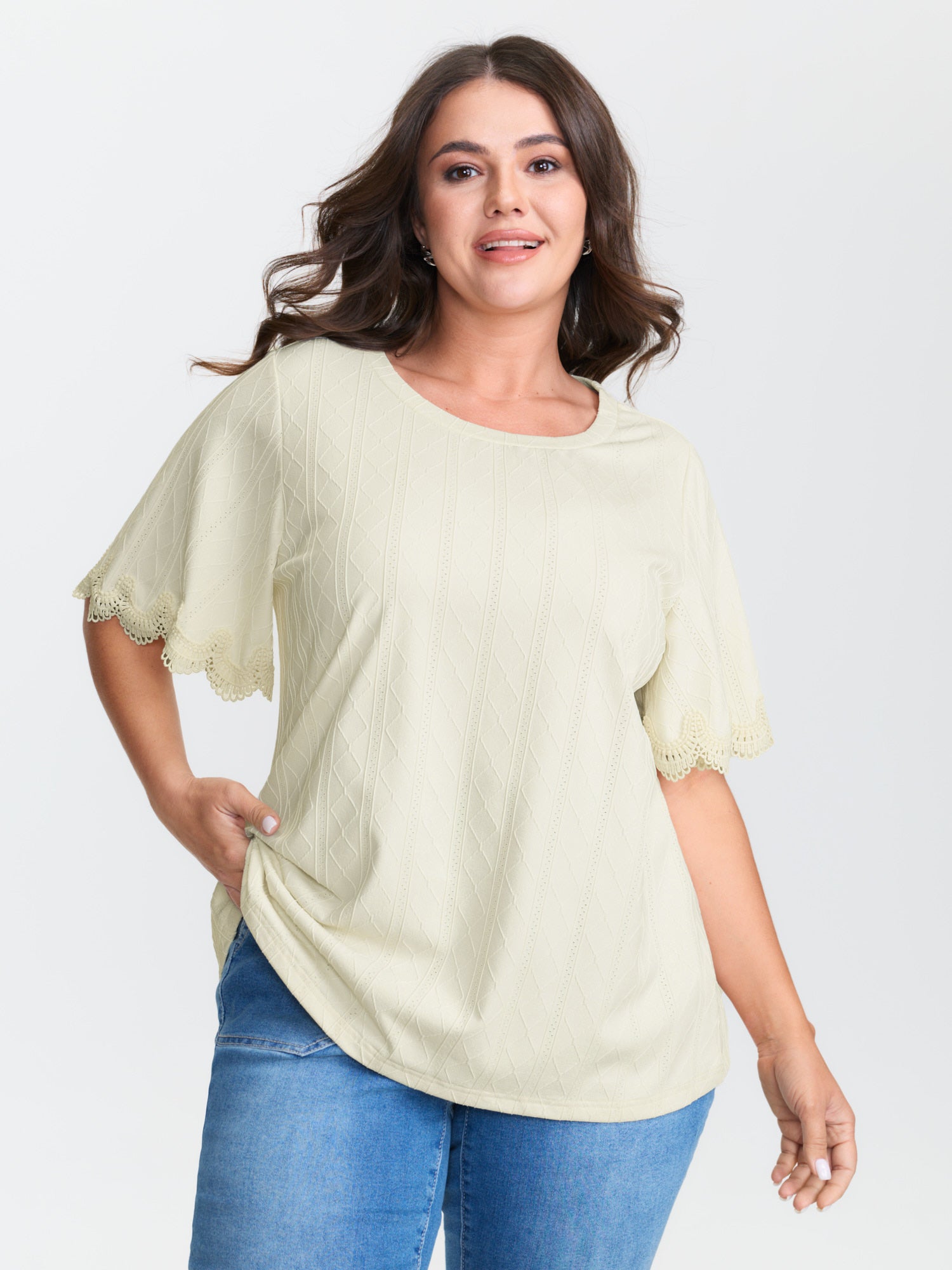 Textured Puff Sleeve Lace Trim T-Shirt