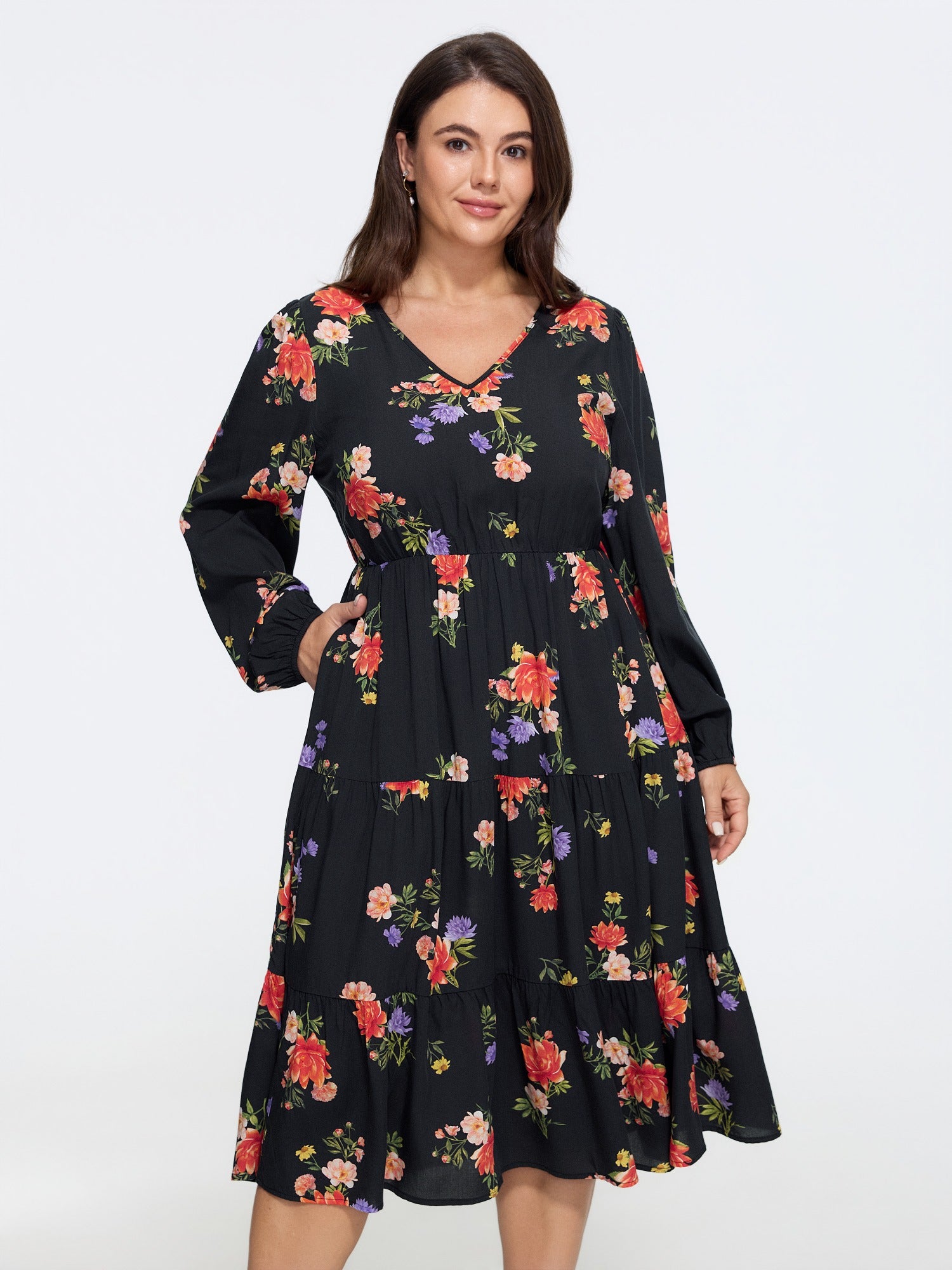 Floral Print V Neck Tiered Midi Dress