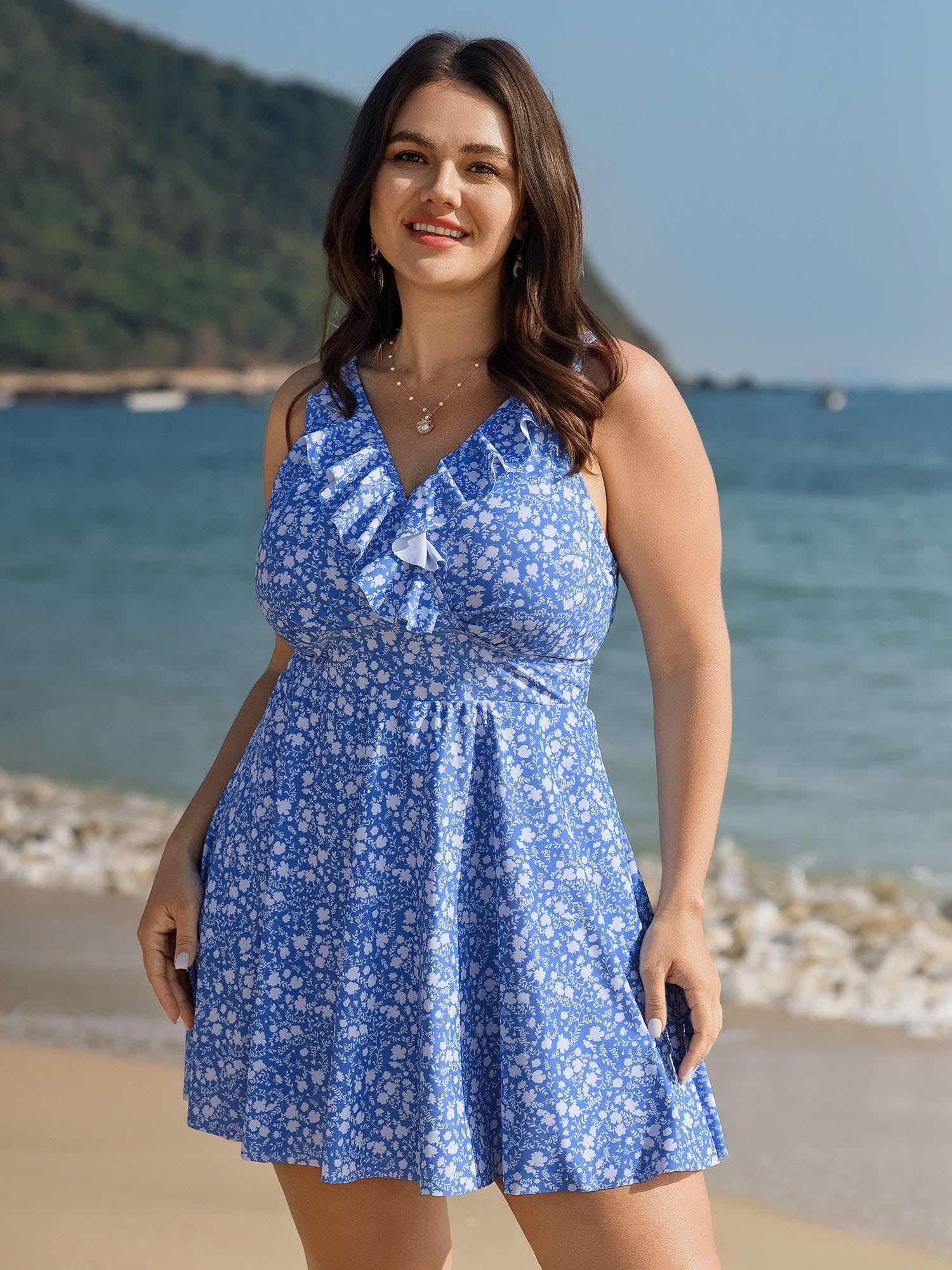 Ruffled Colorblock Floral Swim Dress