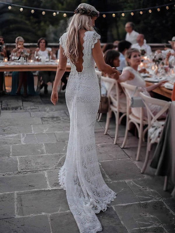Elegant Trumpet V-Neck Backless Lace Court Train Wedding Dresses