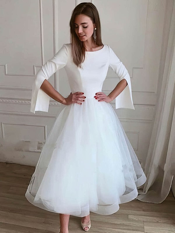 Elegant Jewel Neck Stretch Satin Tulle Tea-Length Wedding Dresses