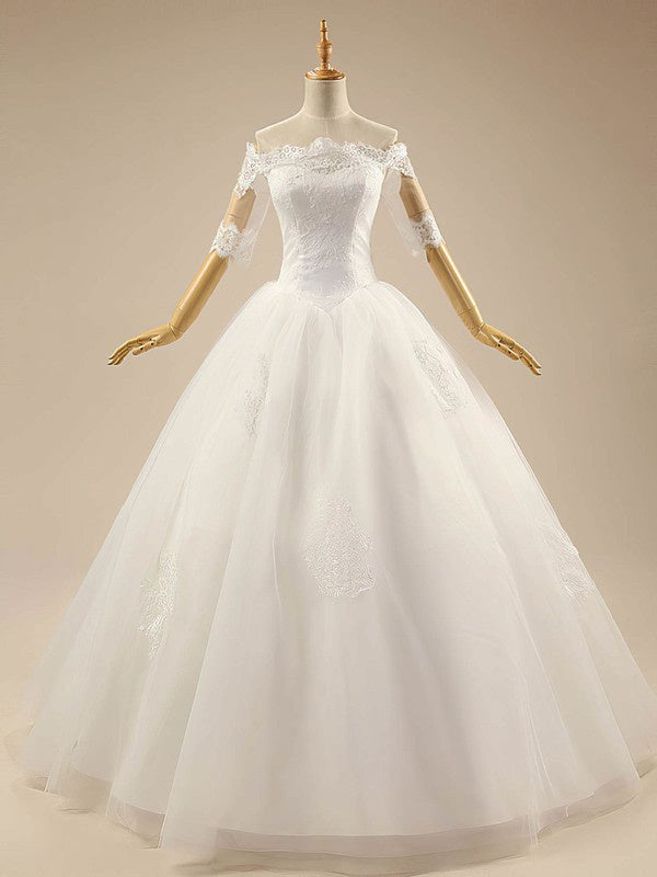 Elegant Floor-Length Lace Tulle Half Sleeves Off-The-Shoulder Ball Gown Wedding Dresses