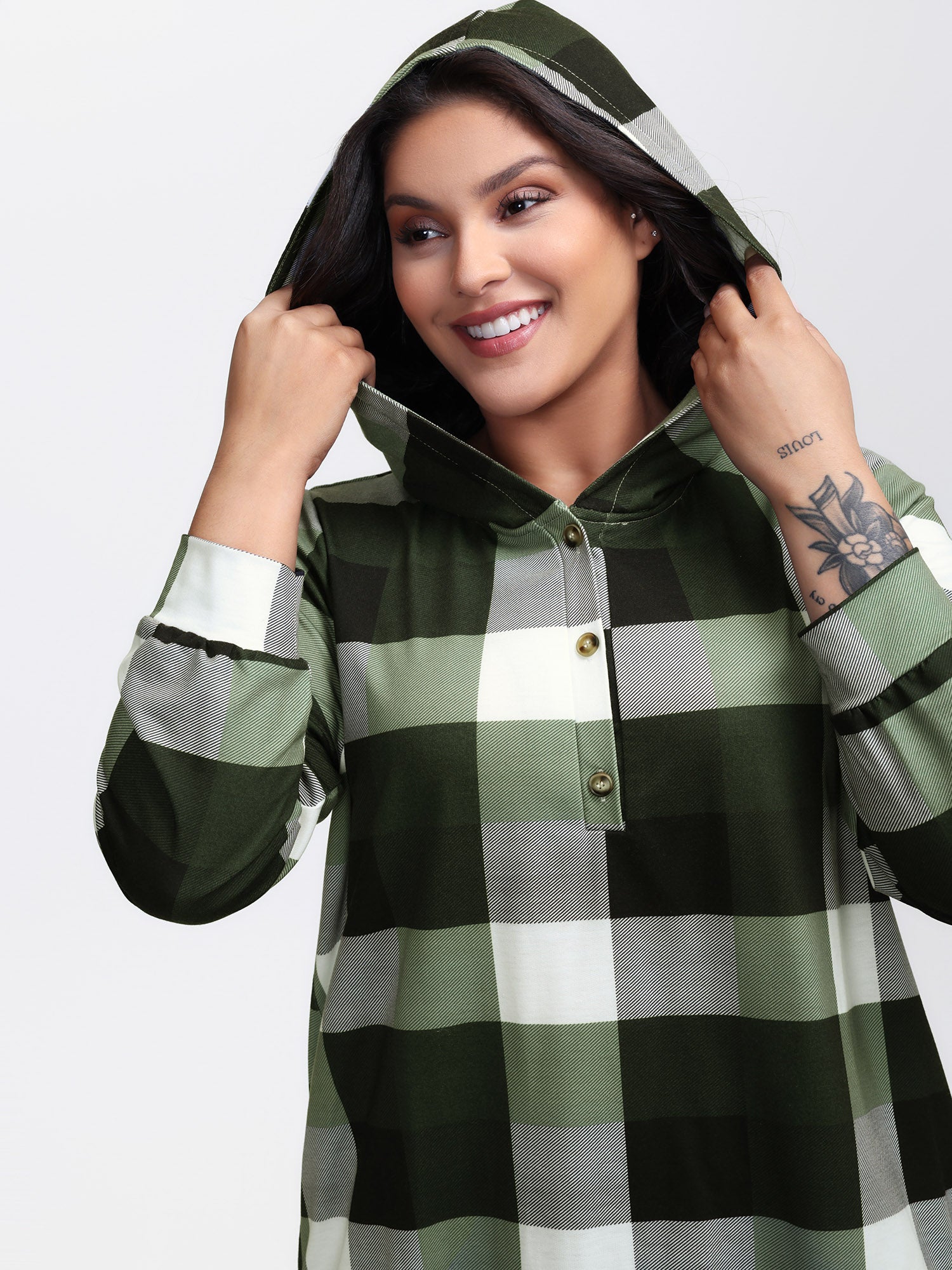 Checkered Print Button Hoodie