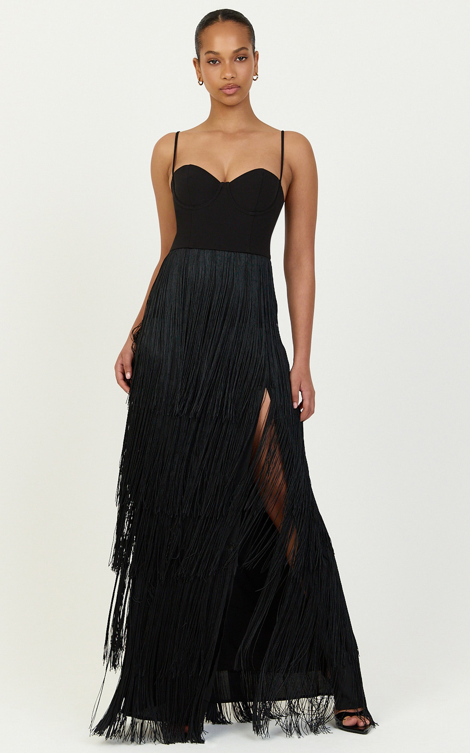Maxine Maxi Dress - Tiered Fringe Dress in Black