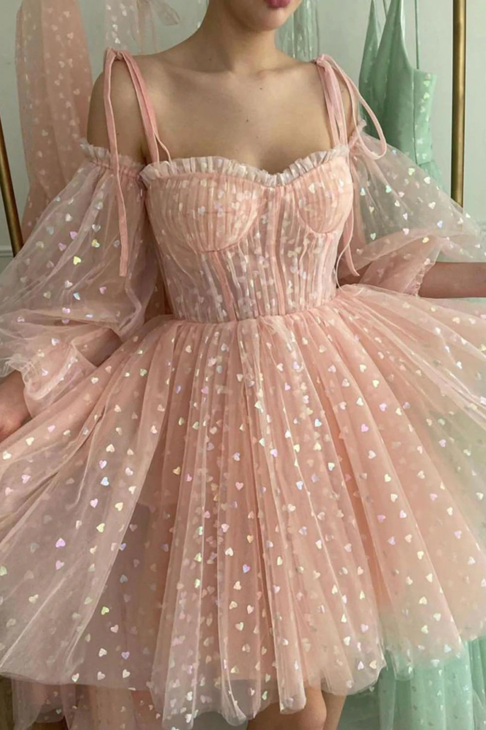 A Line Off the Shoulder Blush Short Homecoming Dress/Mini Dress with Long Sleeves
