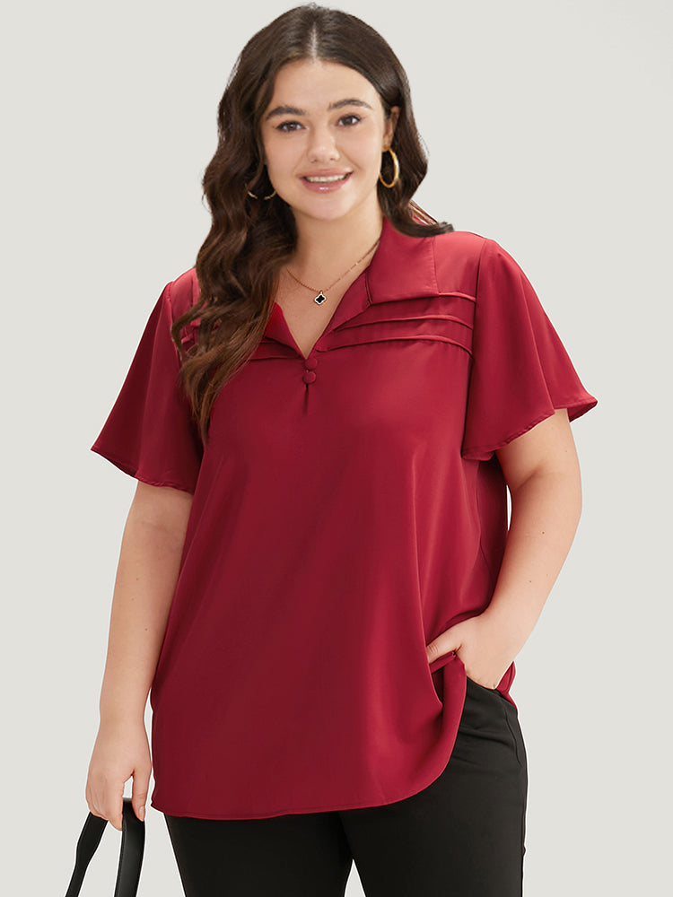 Plain Shirt Collar Button Detail Pleated Blouse