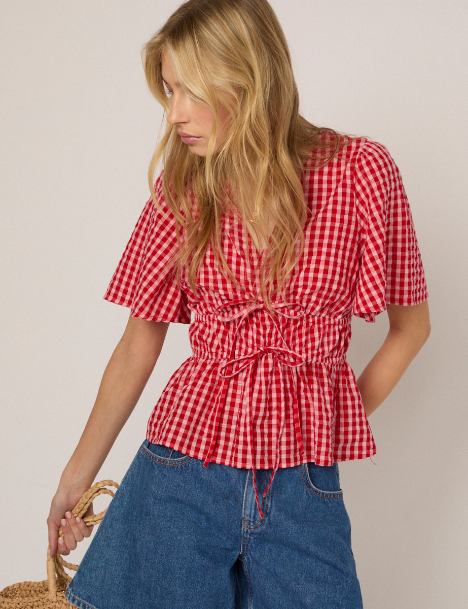 Red V-Neck Gingham Cordelia Top