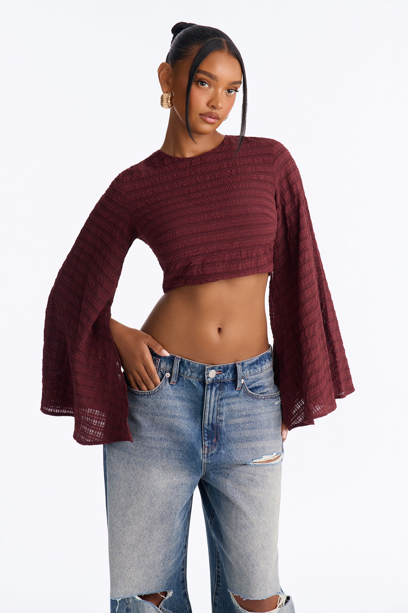 Night Horizon Cropped Plaid Blouse - Chocolate
