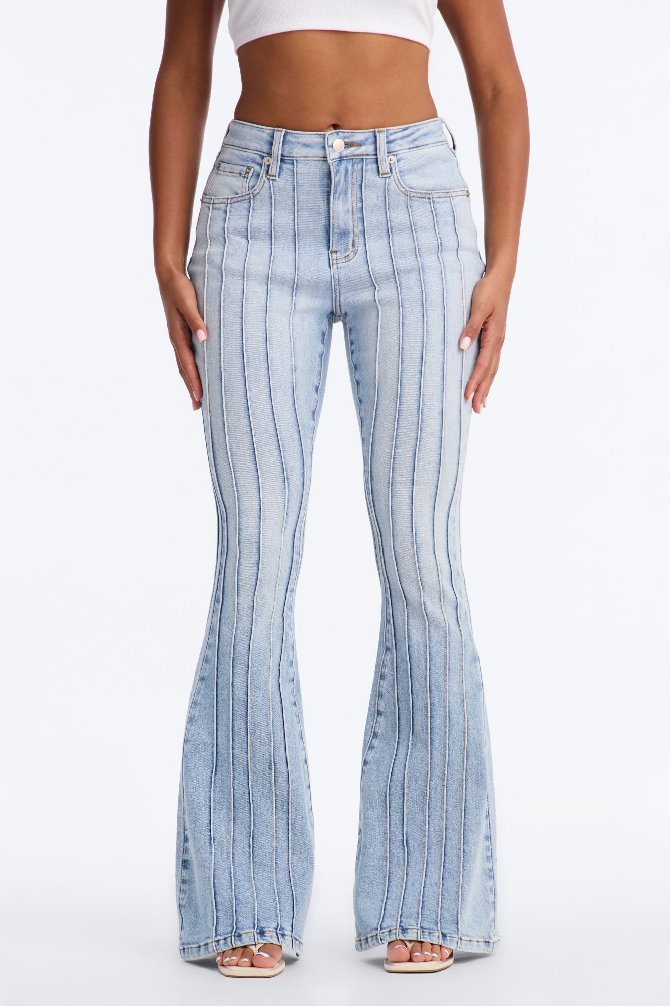 Paris Pintucks High Rise Stretch Flare Jeans - Light Wash