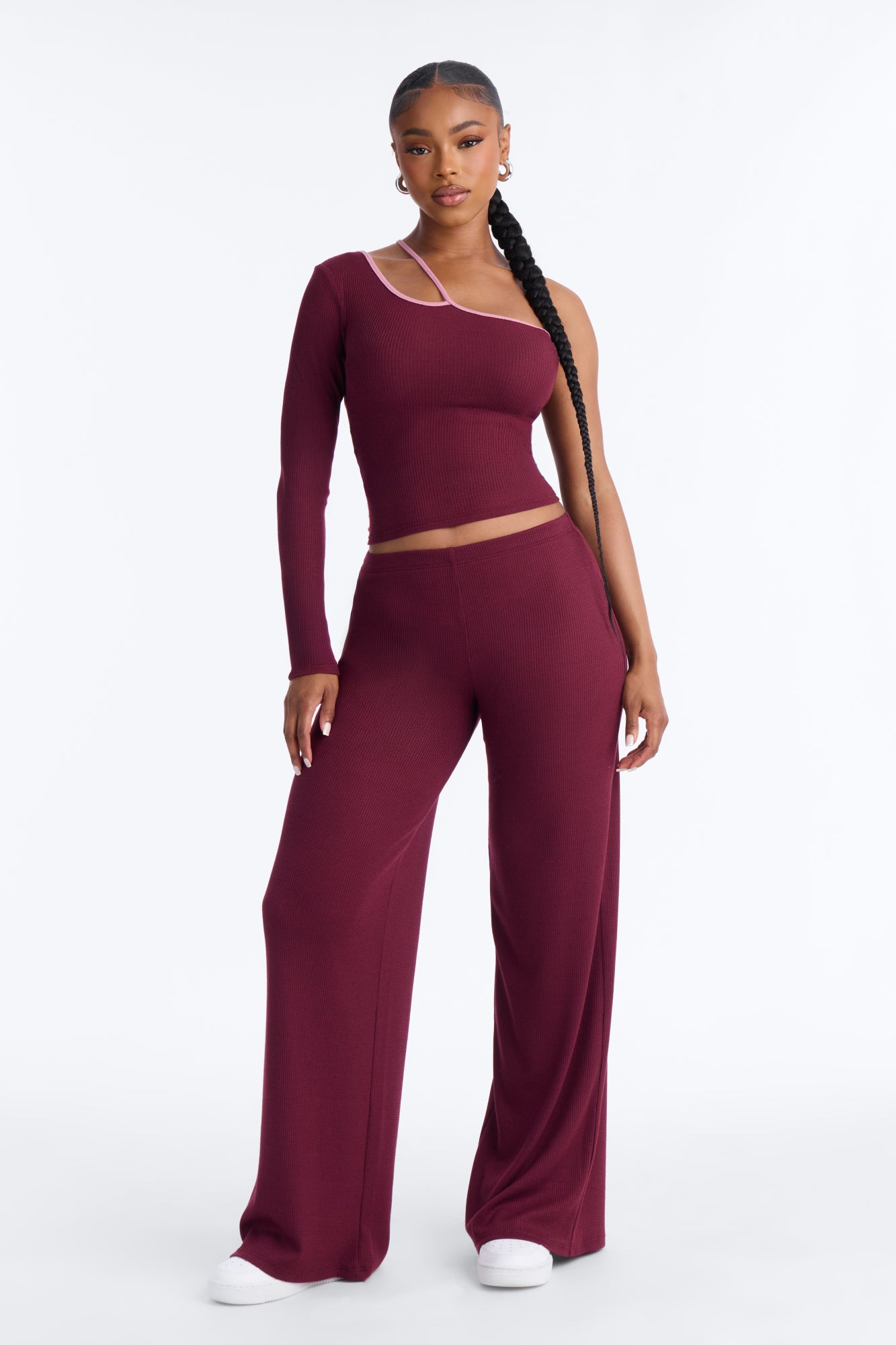 Holly Contrast Waffle Knit Pant Set - Burgundy/combo