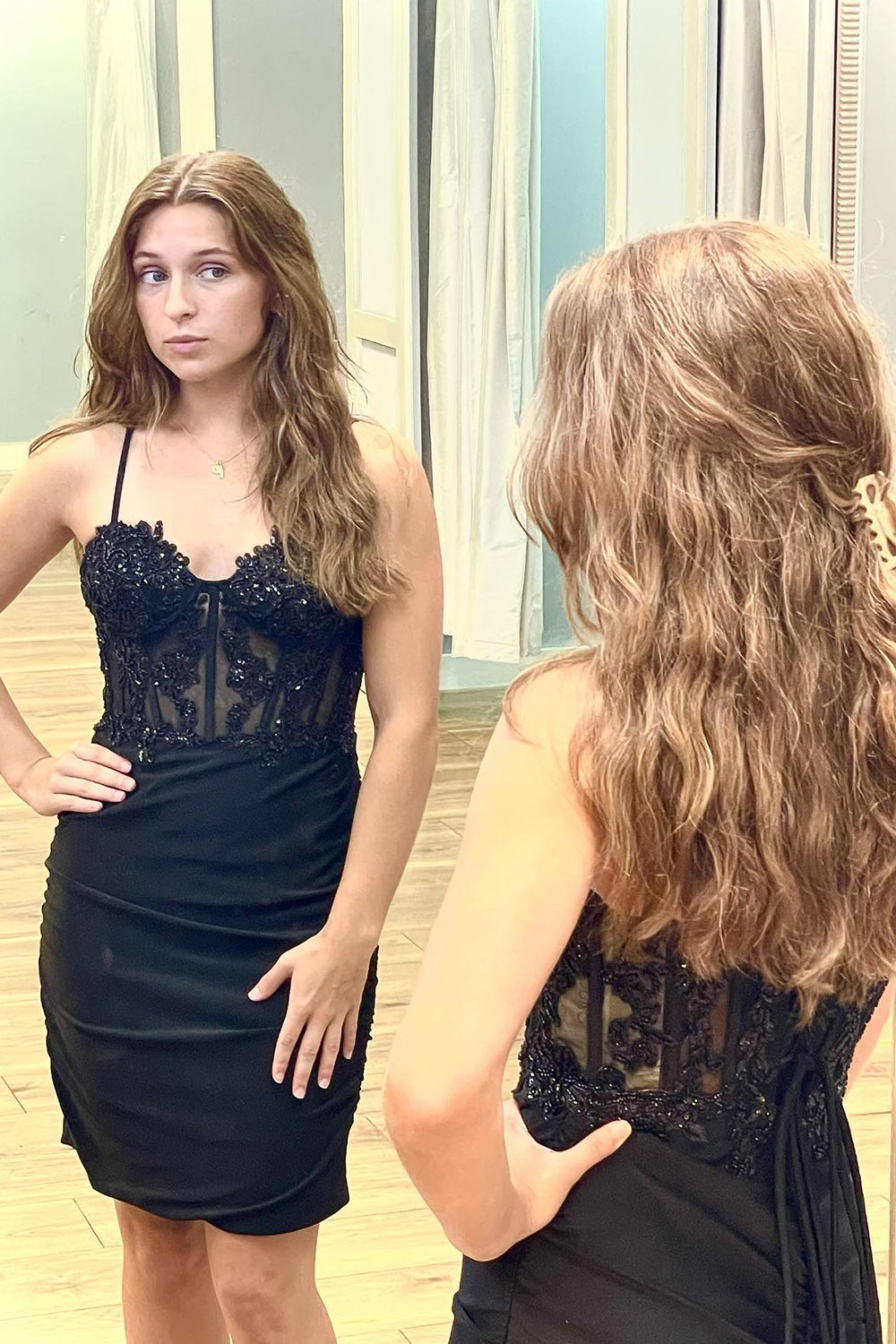 Sparkly Black Corset Spaghetti Straps Tight Short Homecoming Dress/Mini Dress with Lace