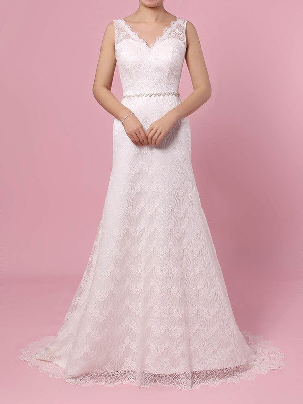 Fabulous Mermaid V-Neck Sleeveless Lace Sweep Train Wedding Dresses with Sash