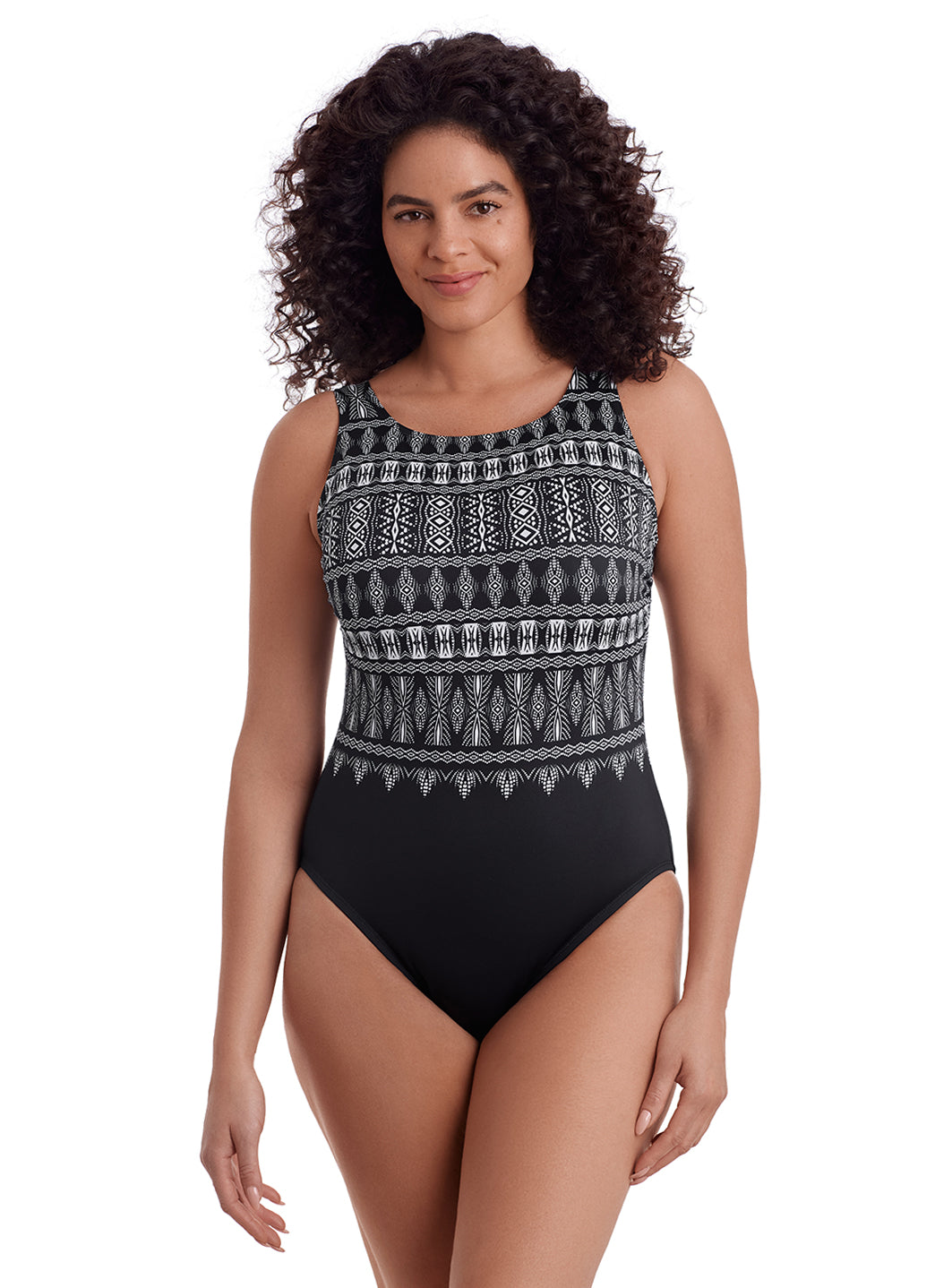 Longitude Women's Long Torso Tribal Nights Scoopback High Neck One Piece Swimsuit