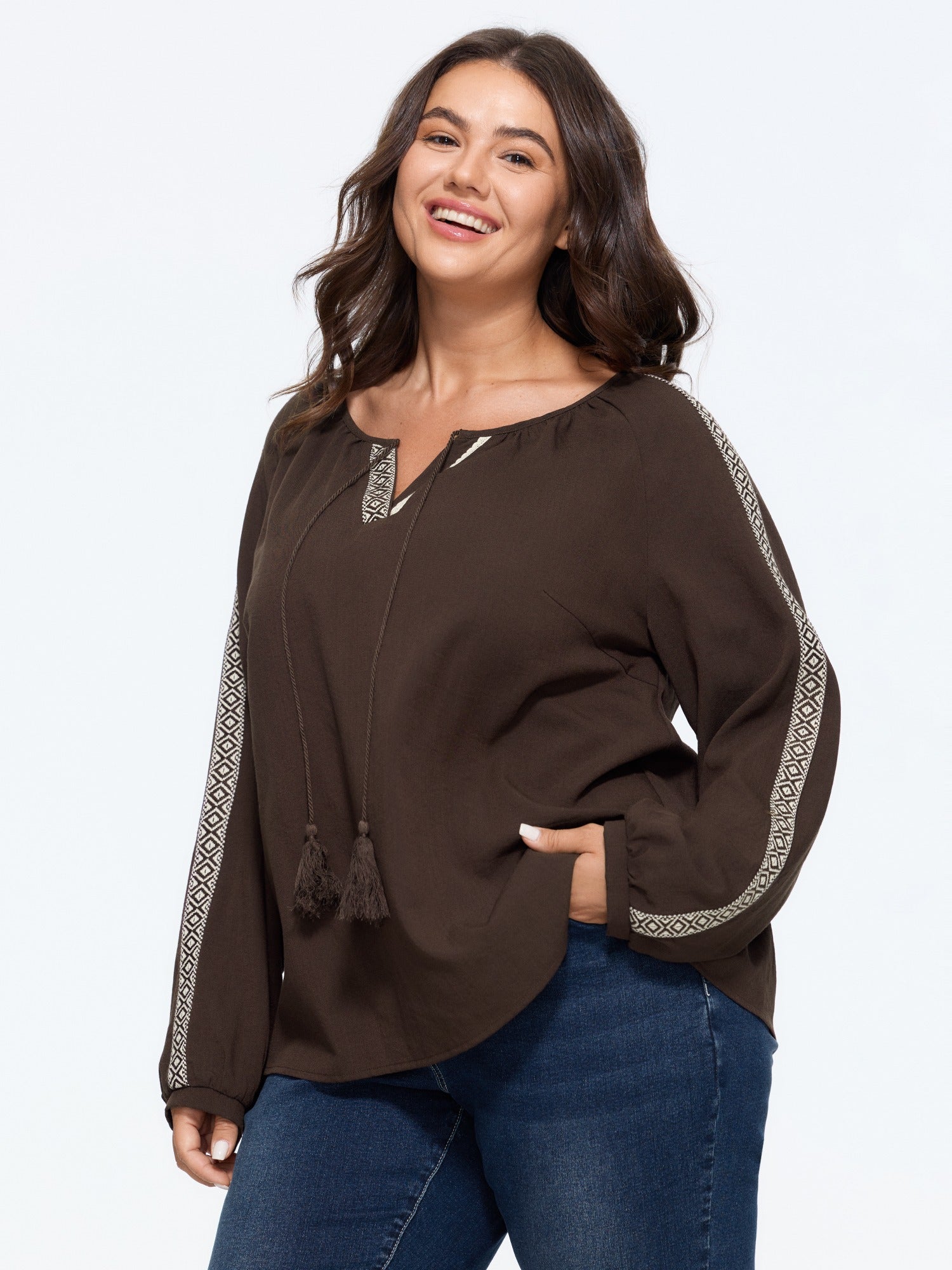 Geometric Tape Tassel Tie Blouse