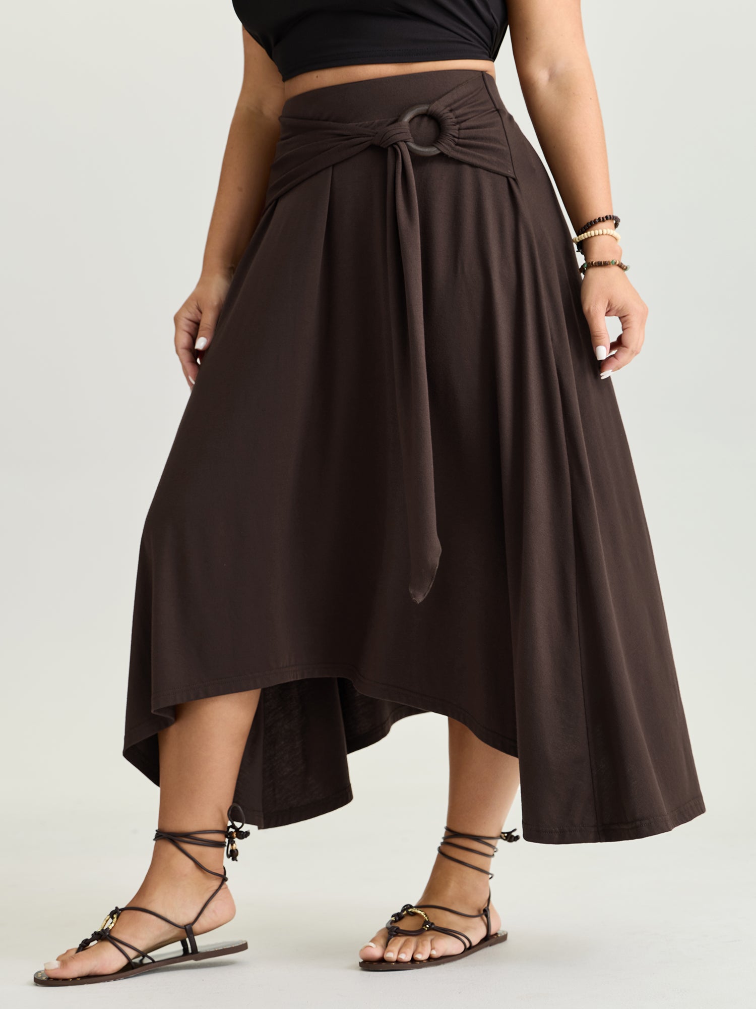 Supersoft Ring Detail Tie Asymmetrical Hem Midi Skirt