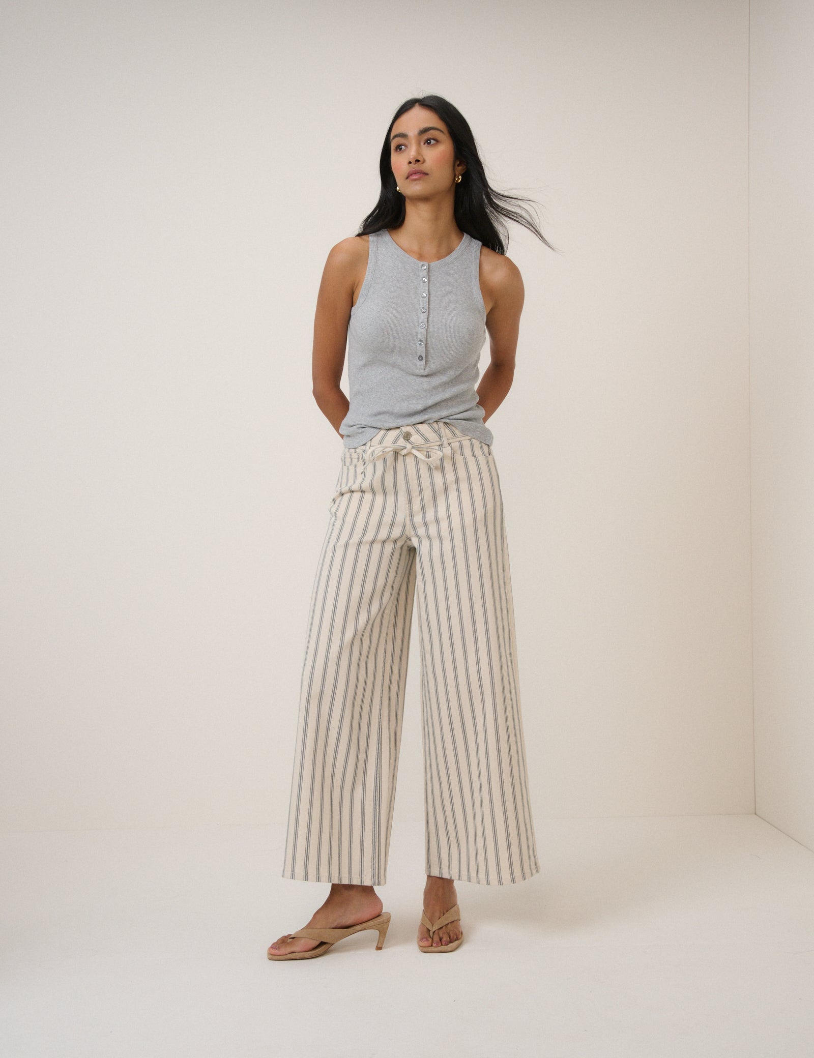 Ecru Striped Cropped Wide Jeans