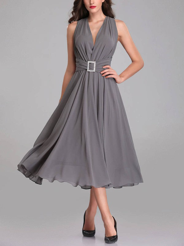 Elegant A-Line V-Neck Sleeveless Tea-Length Chiffon Bridesmaid Dresses with Ruffles