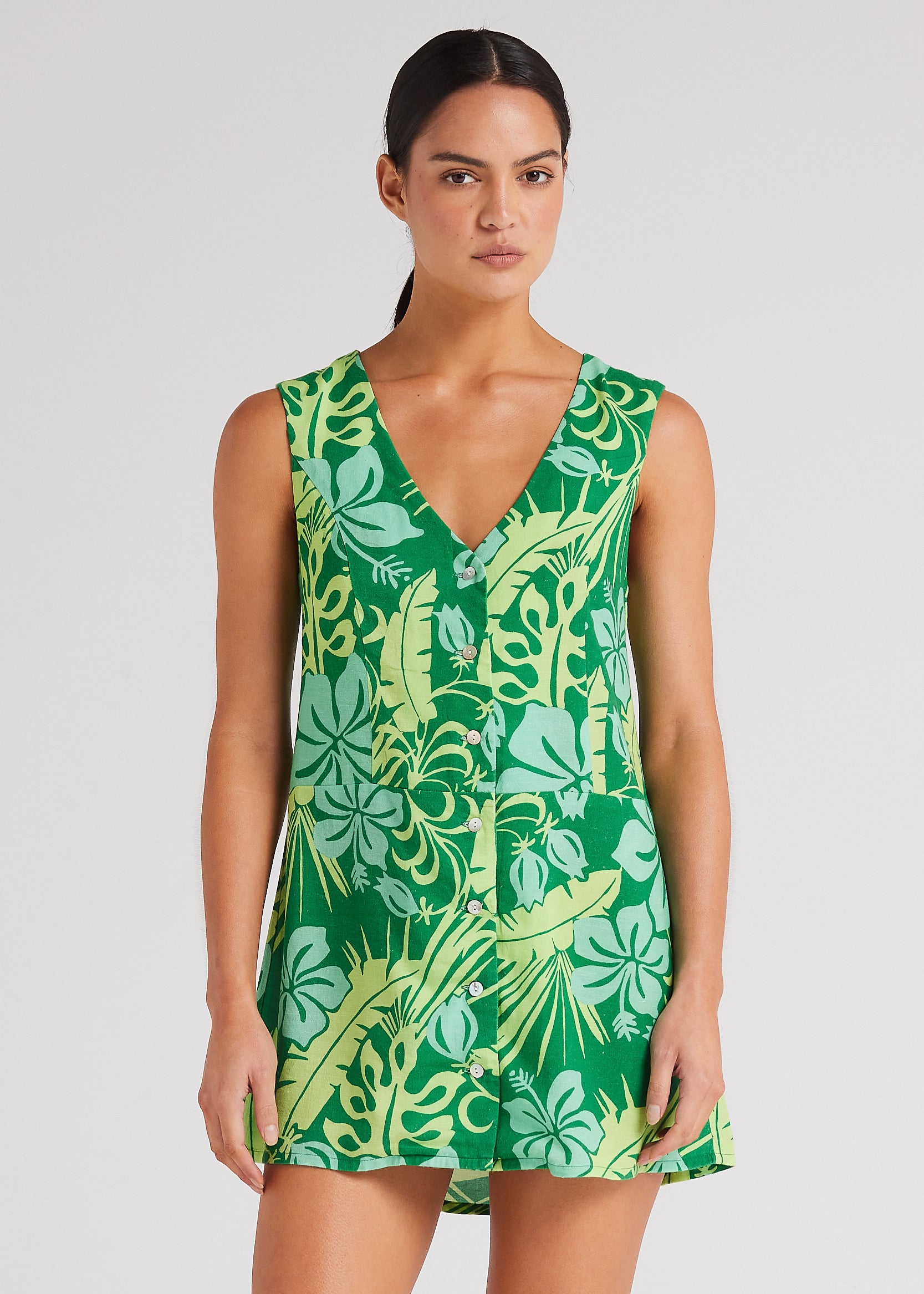 Poolside Paradiso Leaf Tahiti V Button Up Dress