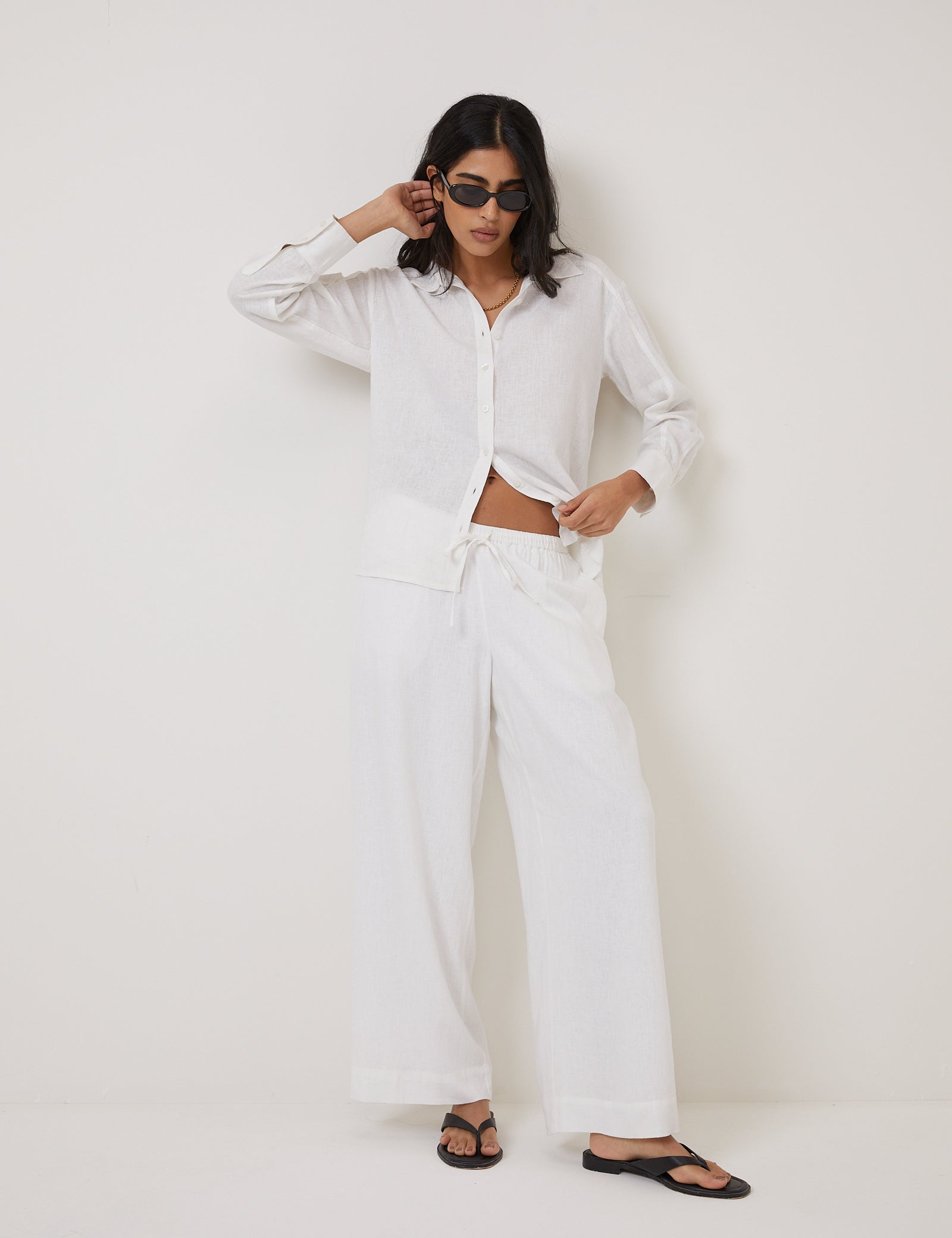 White Linen-Rich Low Waisted Straight Leg Trousers