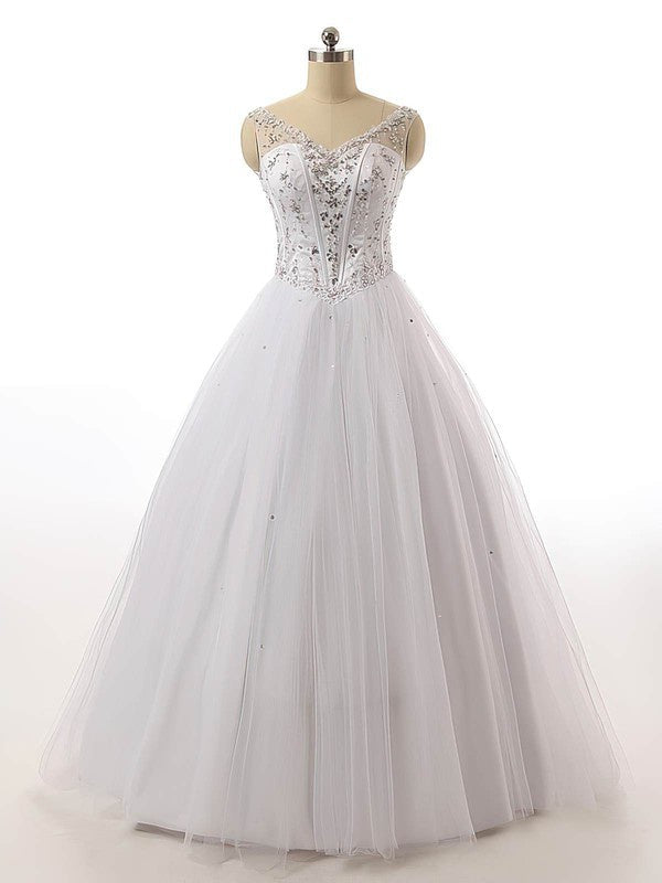 Trendy V-Neck Sleeveless Tulle Floor-Length Ball Gown Wedding Dresses