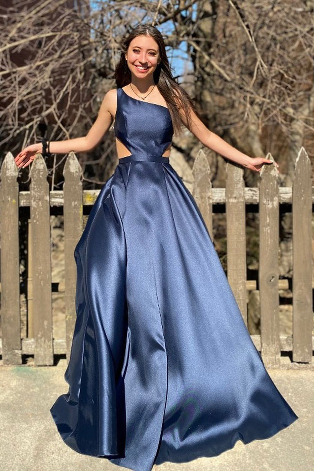 Long A-Line Prom Dress in Navy with One Shoulder