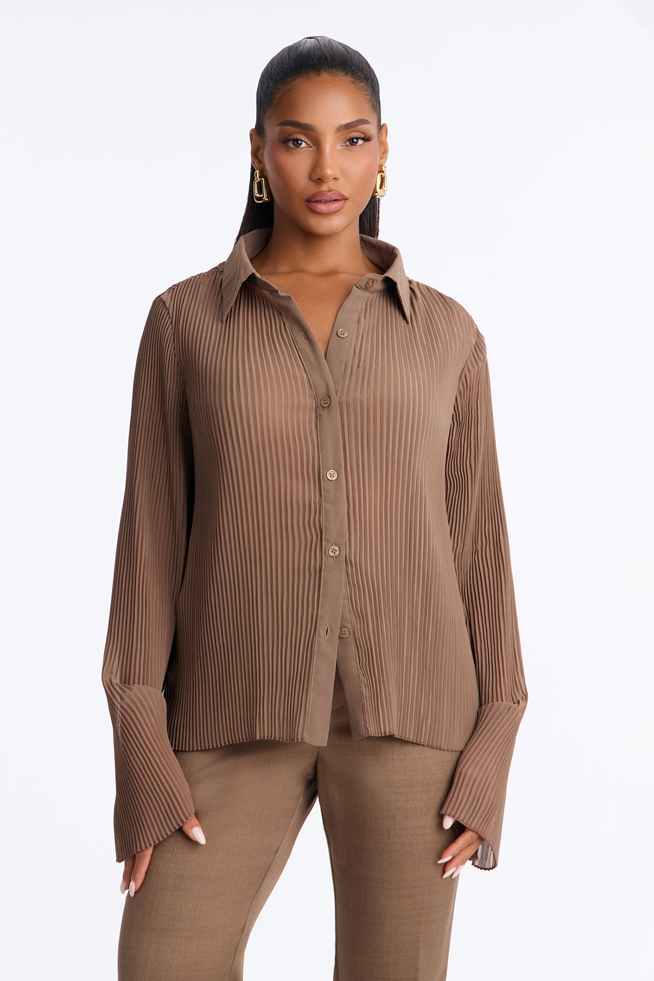 Taking Calls Plisse Chiffon Blouse - Mocha