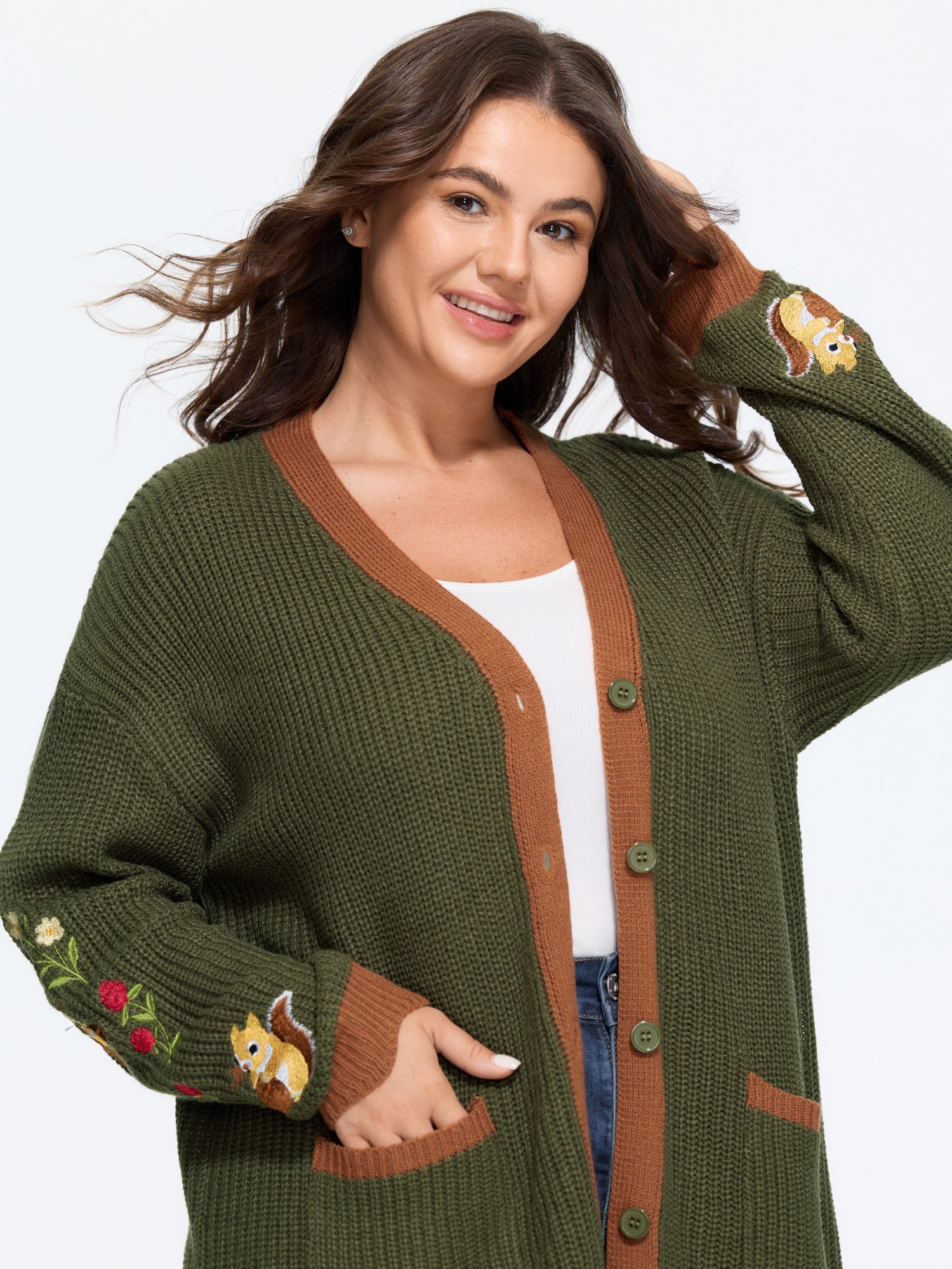 Squirrel Floral Embroidery Contrast Trim Cardigan