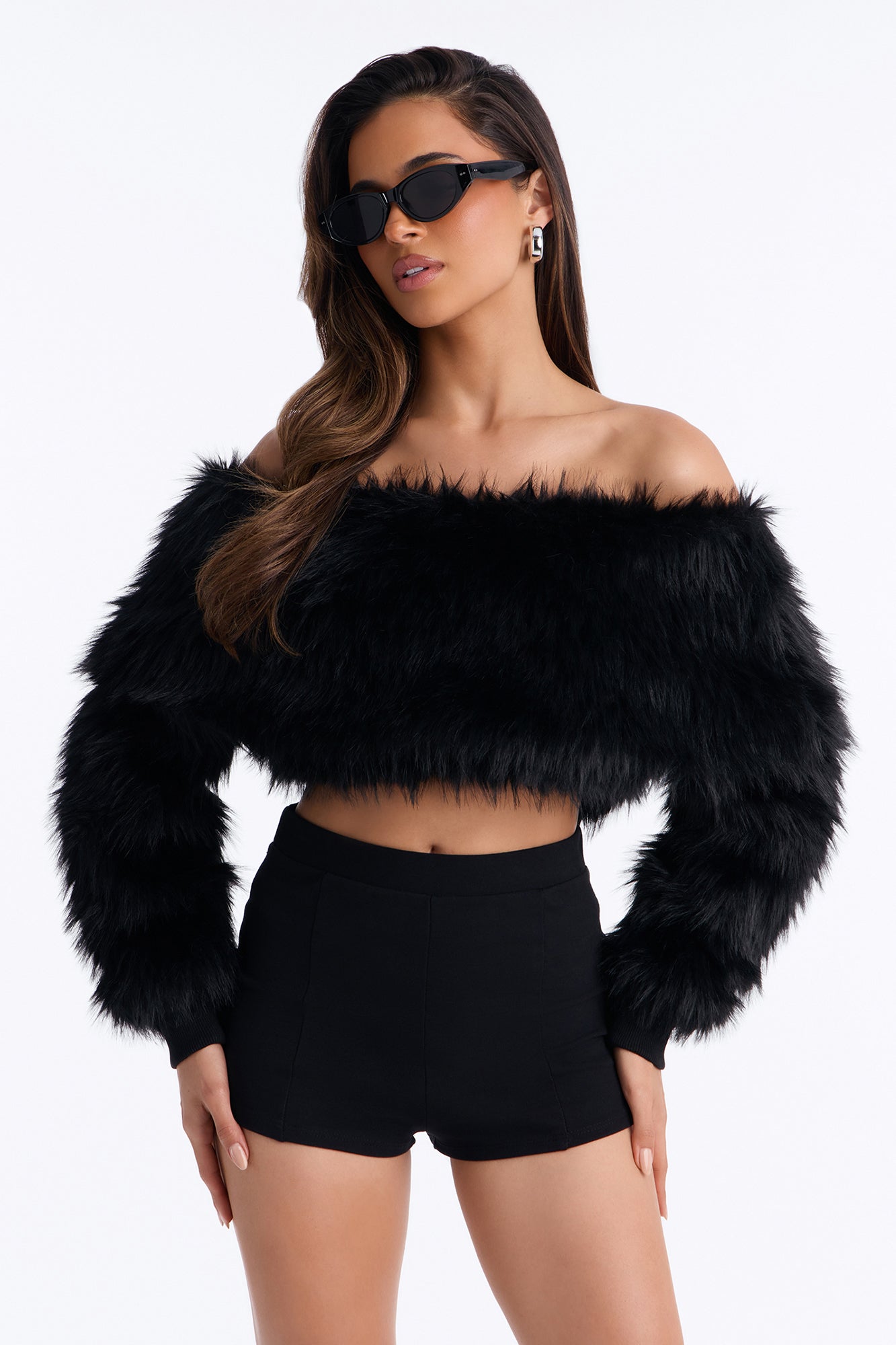 High Class Energy Faux Fur Off Shoulder Sweater - Black