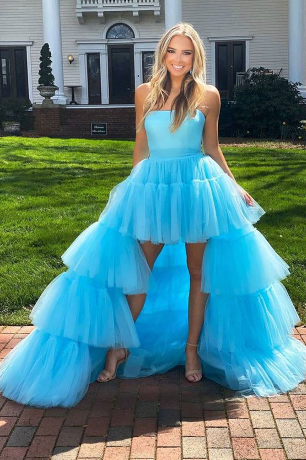 Blue A-Line High Low Strapless Homecoming Dress/Mini Dress with Ruffles