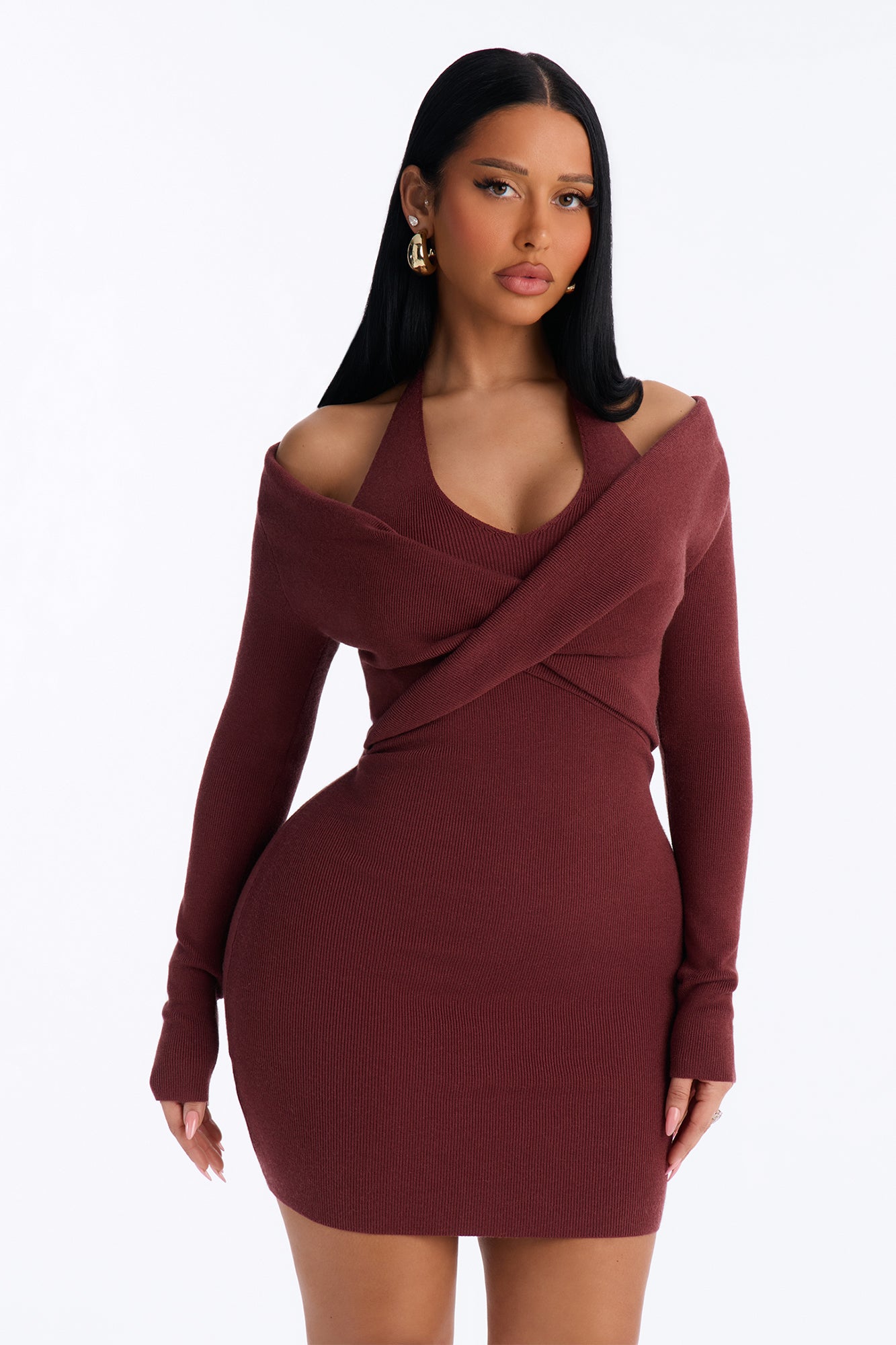 Knit So Sweet Long Sleeve Sweater Mini Dress - Brown