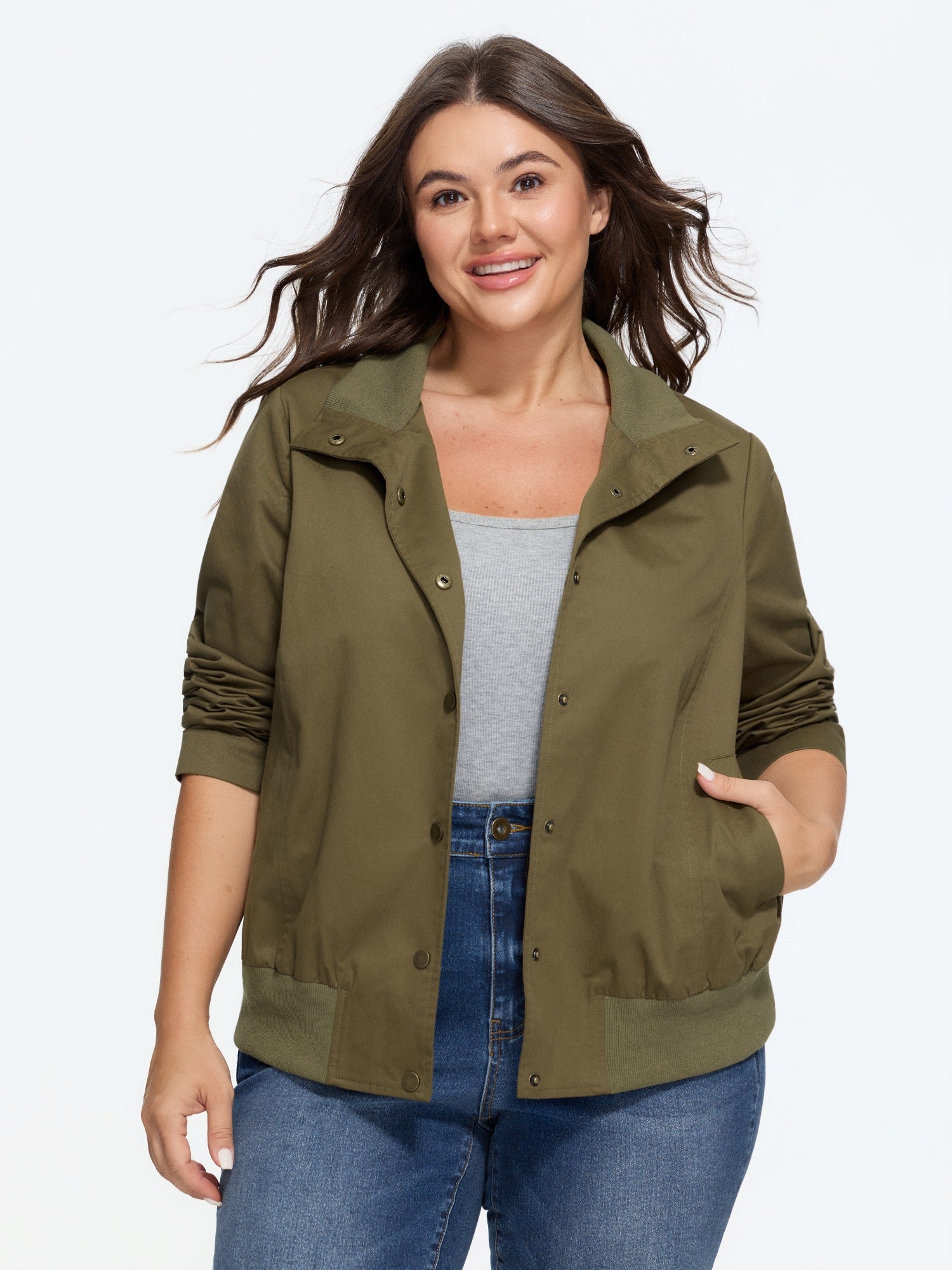 Cotton Snap Button Ribbed Hem Utility Jacket