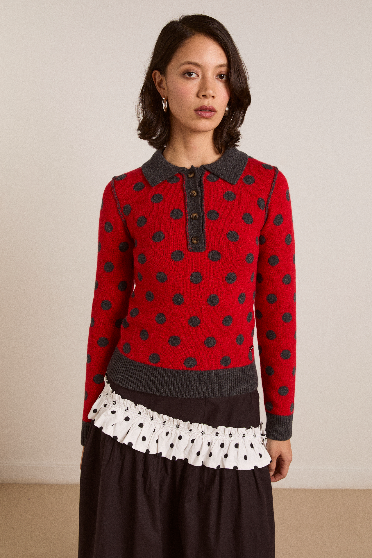 Lia Merino Wool Reversible Polo Jumper - Red/Grey Spot
