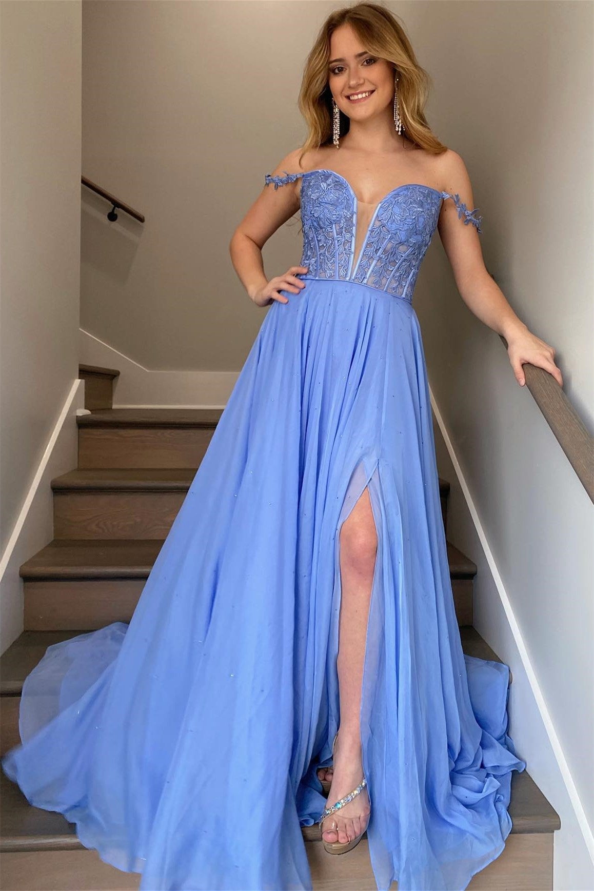 Blue Sweetheart Off-The-Shoulder Split Tulle Evening Dress With Appliques