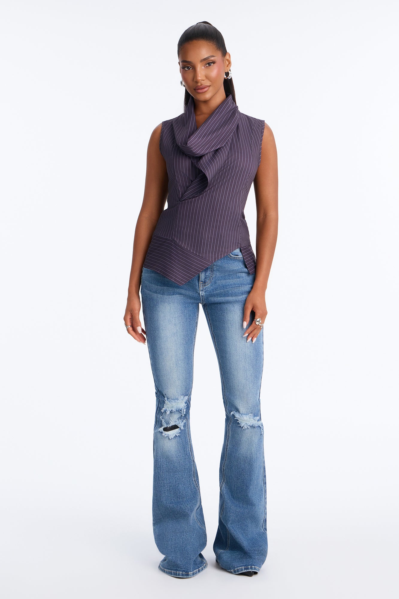 Drinks After Work Pinstripe Cowl Neck Blouse - Plum