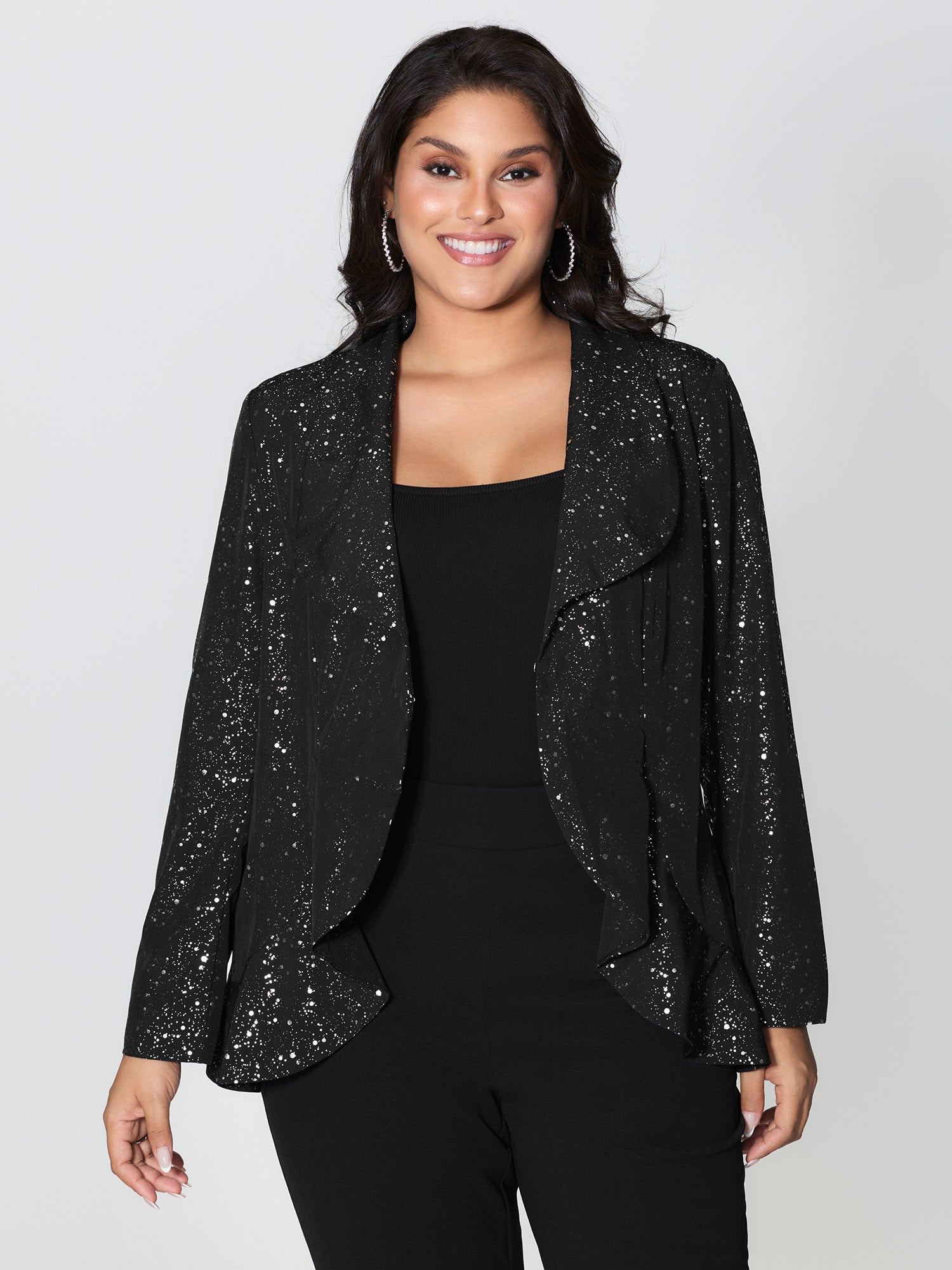 Gold Stamped Ruffled Edge Open-Front Blazer
